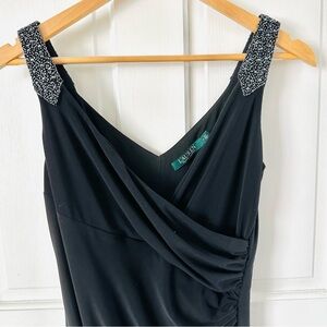 LAUREN RALPH LAUREN Black V-Neck Wrap Cocktail Dress Beaded Straps Size 2